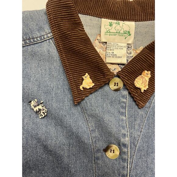 Quacker Factory Cat Denim Shirt Size 1X Corduroy Collar Embroidered Rhinestones - Picture 3 of 14